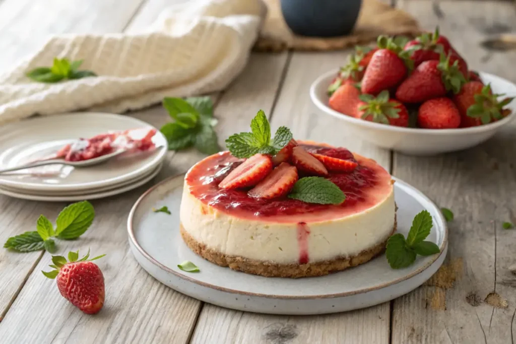 Cheesecake topped with strawberry puree and fresh strawberries