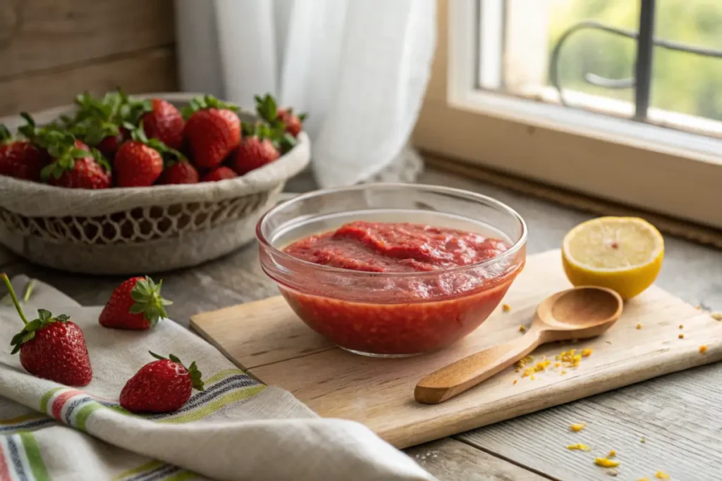 Freshly made strawberry puree in a rustic kitchen setting