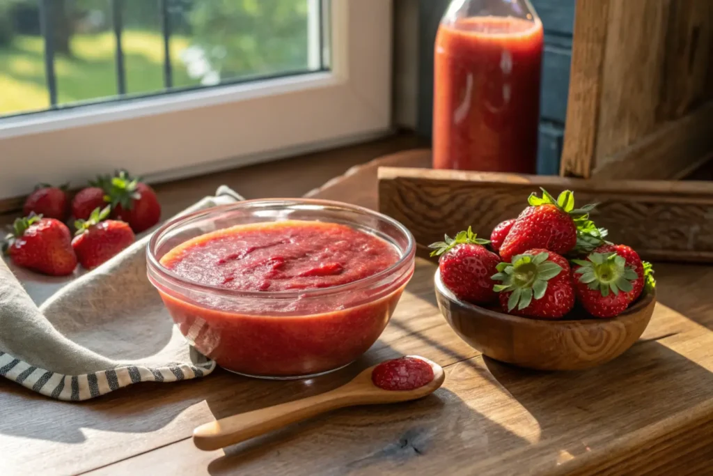 Freshly made strawberry puree in a rustic bowl surrounded by fresh strawberries