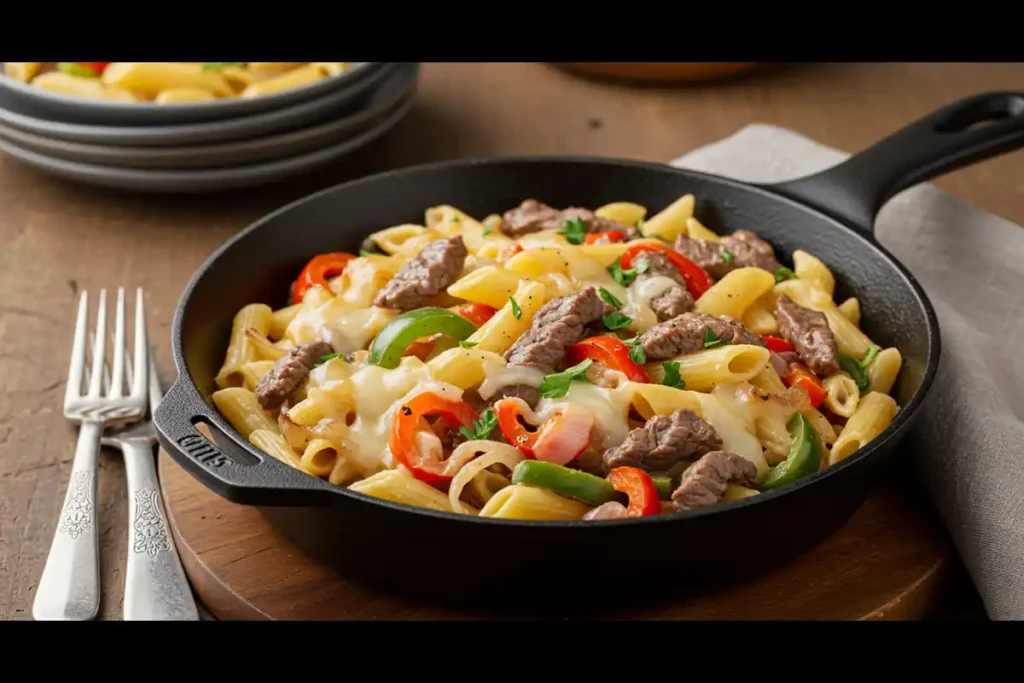 Philly Cheesesteak Pasta in a Skillet