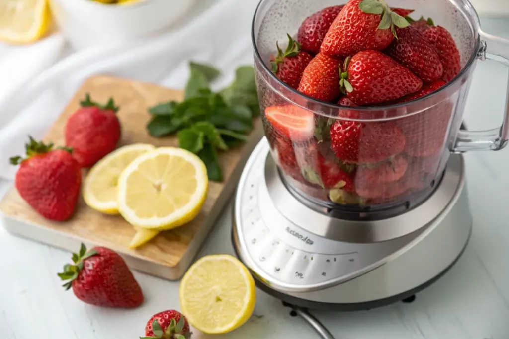 Blending fresh strawberries for puree in a blender