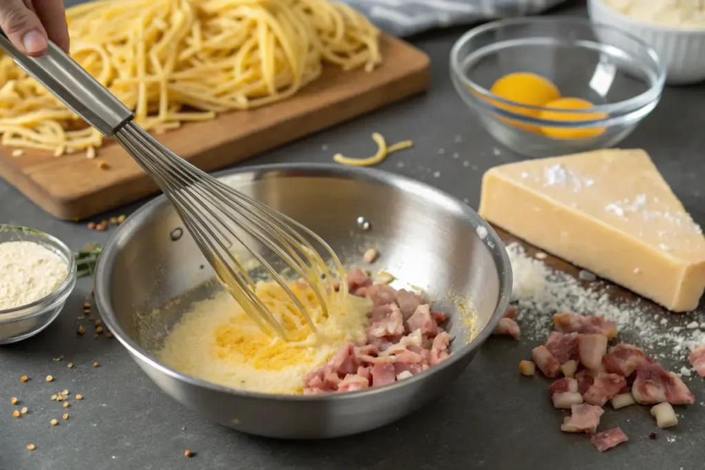 Carbonara sauce preparation with pancetta and whisked egg mixture in a pan