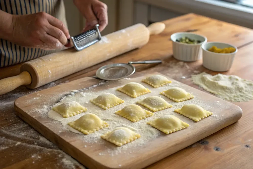 Handmade ravioli being shaped on a floured wooden board with cheese filling