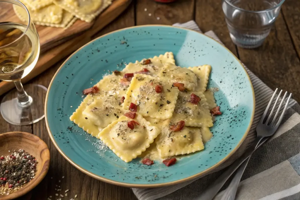 Plate of ravioli carbonara with Pecorino Romano and guanciale