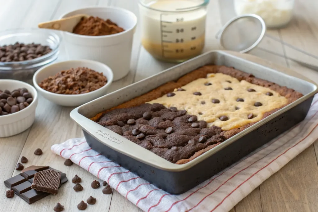 Brookie recipe showing a gooey brownie base topped with a golden cookie crust, served on a white plate