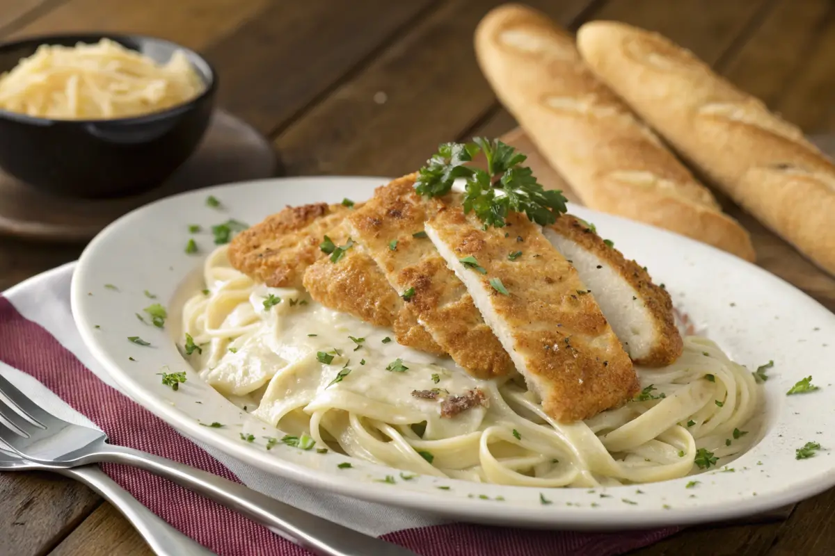 Crispy Chicken Alfredo with breadsticks at Olive Garden