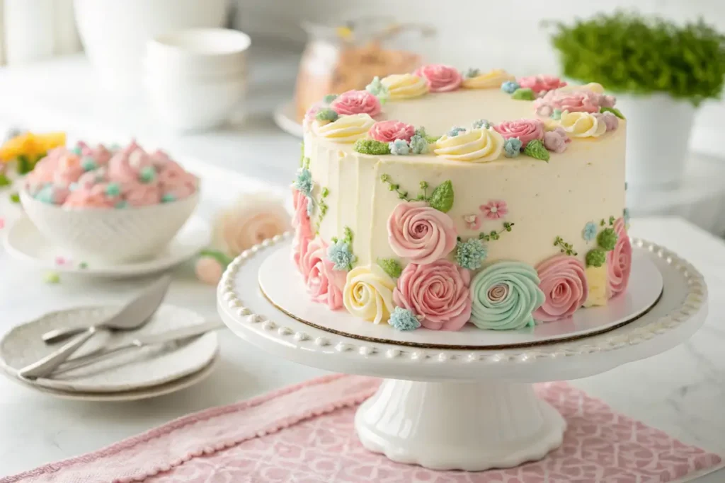 10-inch round cake with buttercream and floral design for 20 guests