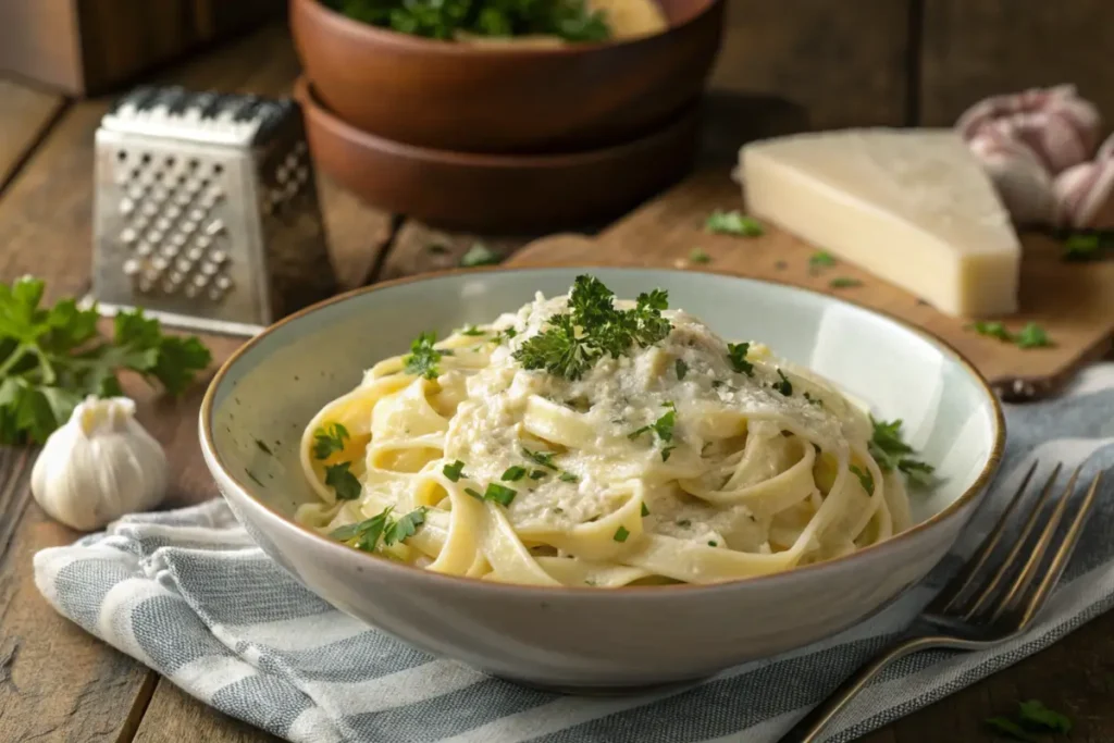 Bowl of creamy Alfredo sauce on fresh fettuccine garnished with parsley