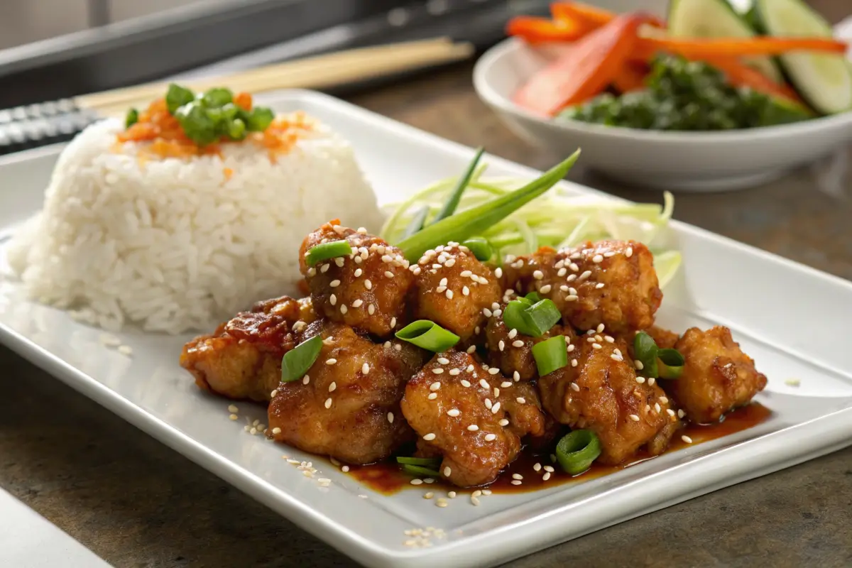 Empress Chicken dish with glossy sauce and steamed rice