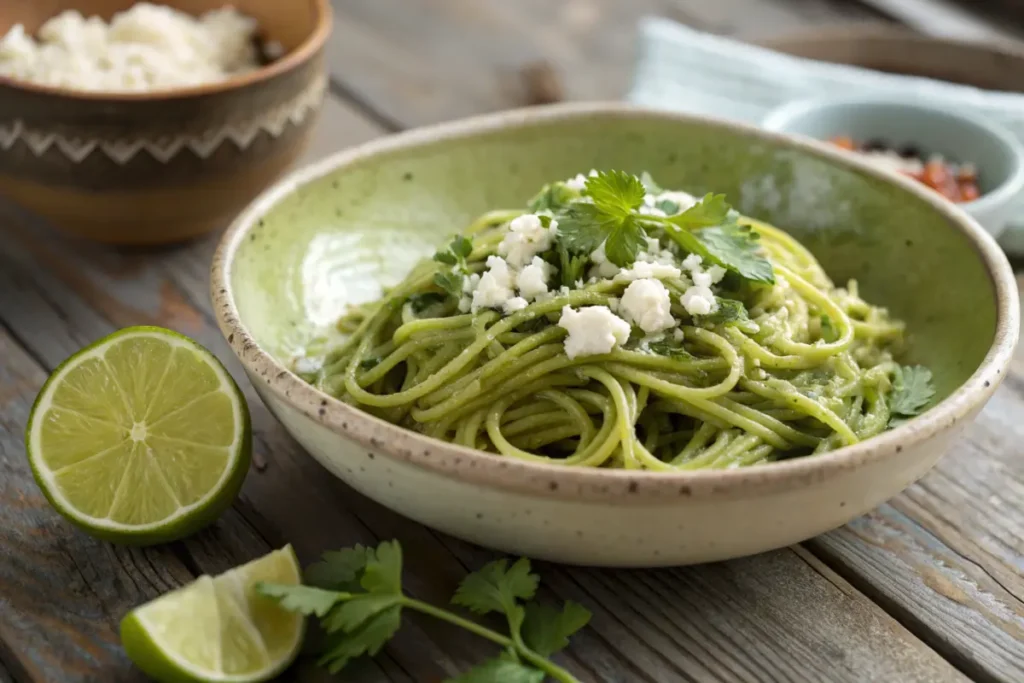 Plated green spaghetti garnished with cheese and herbs in a rustic bowl