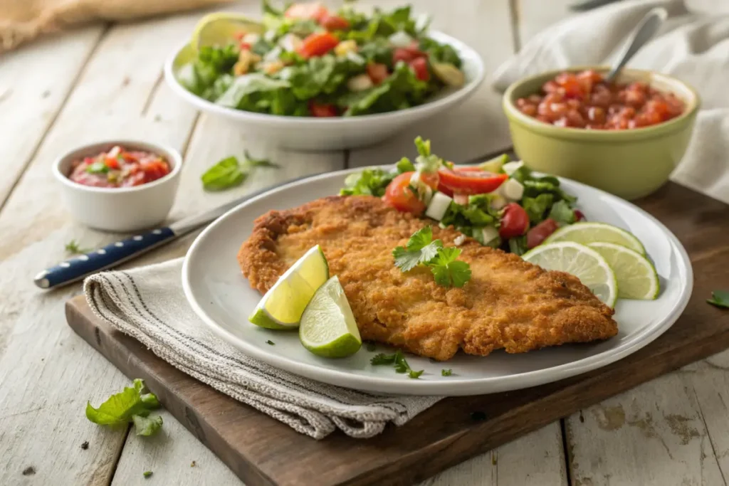 Golden crispy Milanesa steak served with salad and salsa