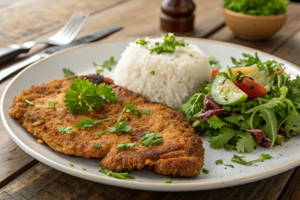 Crispy Milanesa steak with rice and salad on a wooden table