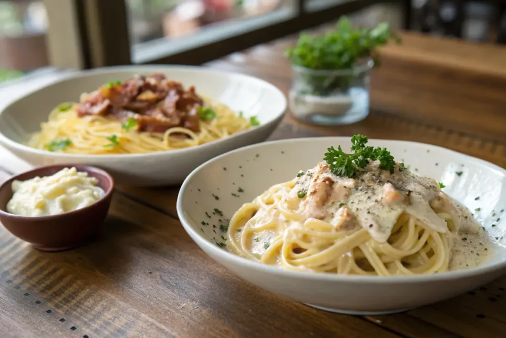 Comparison of creamy carbonara and Alfredo pasta dishes