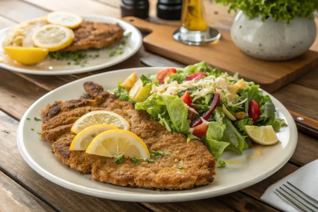 Golden brown Milanesa served with salad and lemon wedges