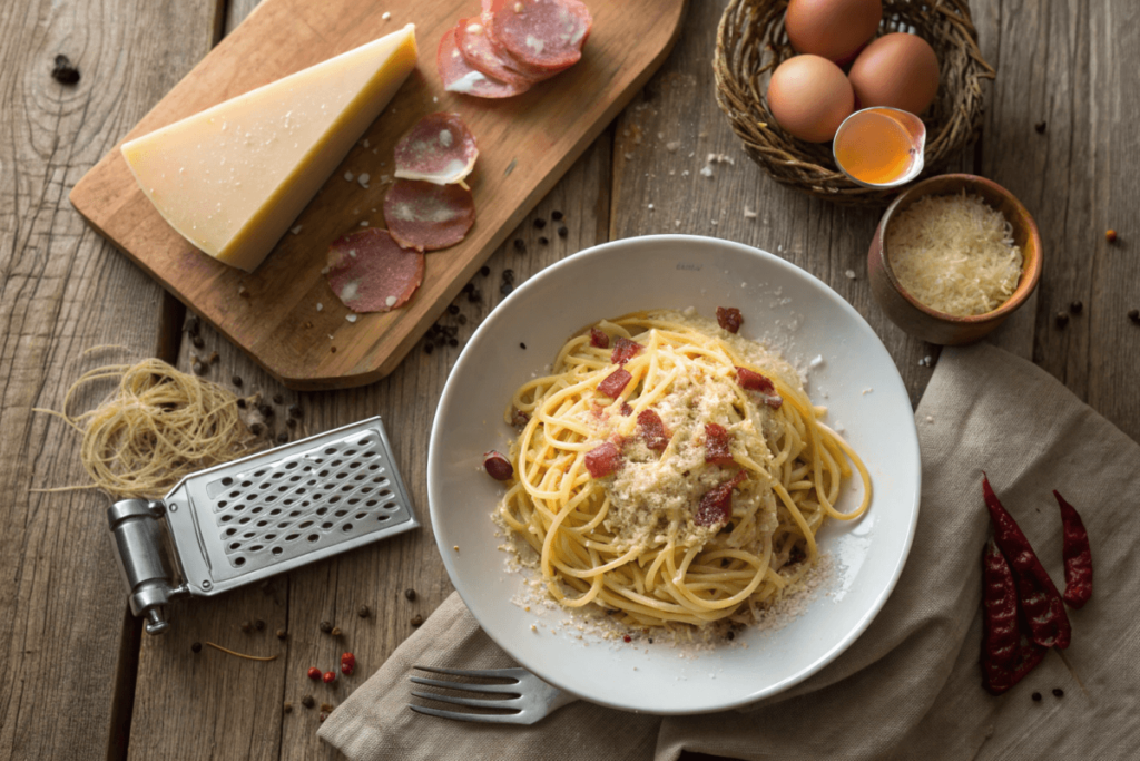 Traditional carbonara ingredients and a plate of spaghetti carbonara