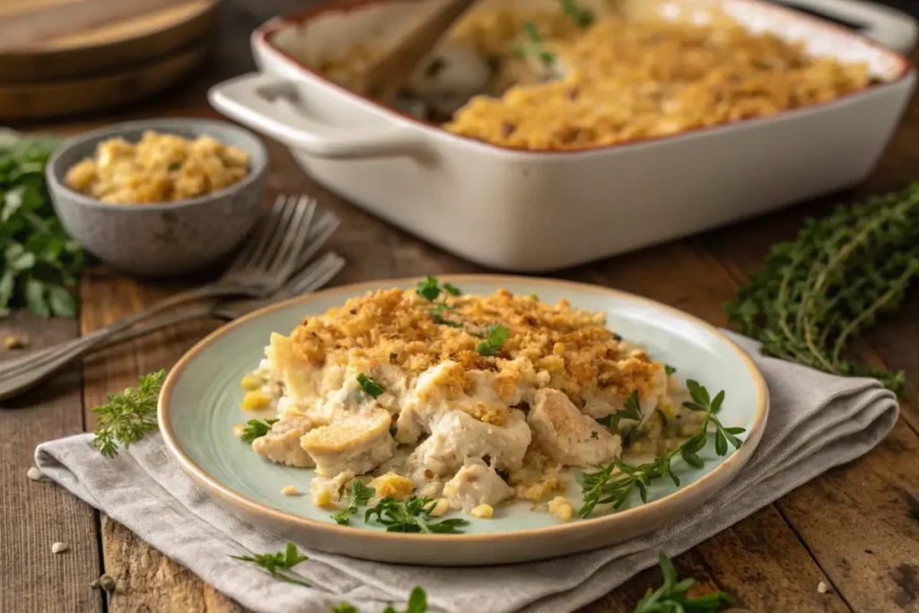 A plate of Million Dollar Chicken Casserole with crispy topping