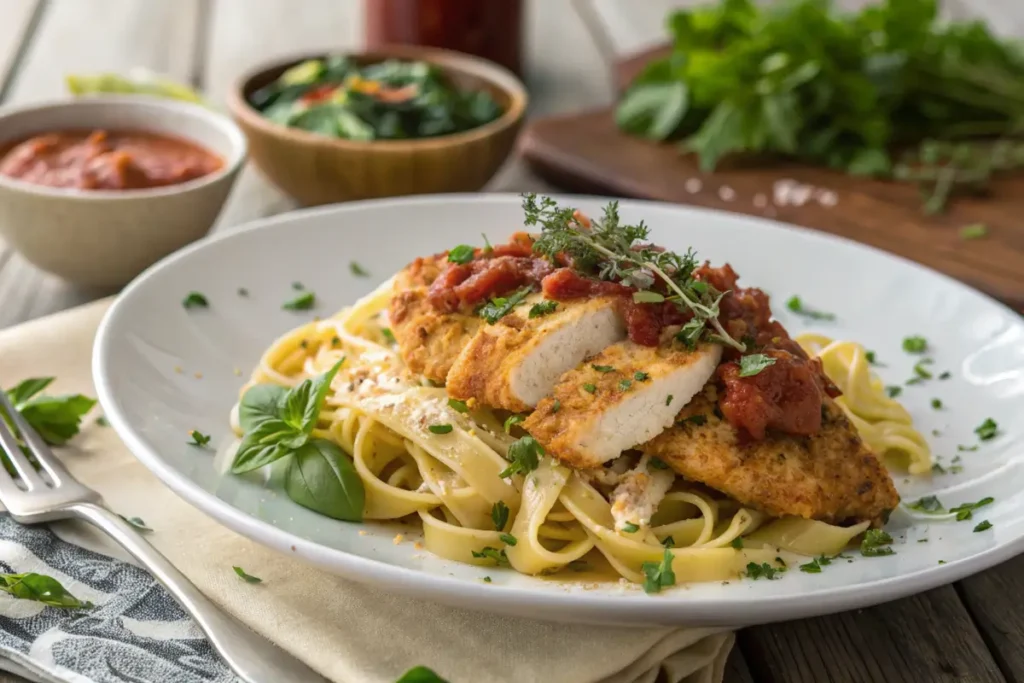 Plate of Olive Garden Crispy Chicken Fritta with pasta and marinara sauce