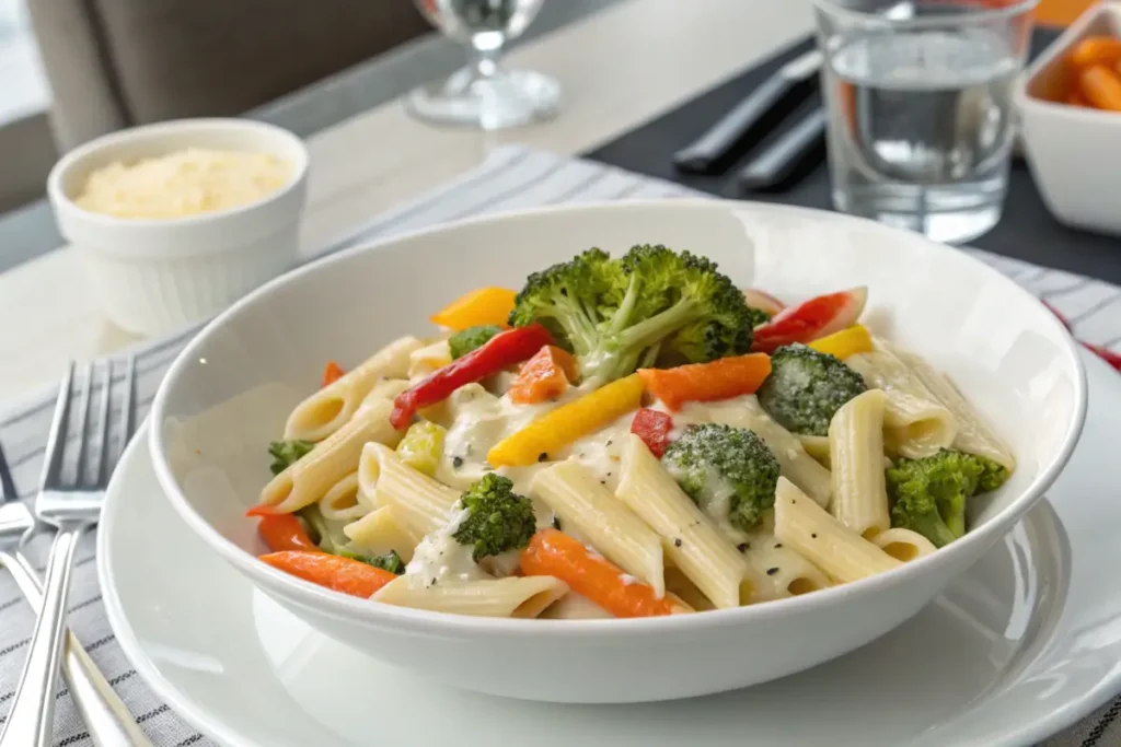 Gluten-free penne Alfredo with vegetables