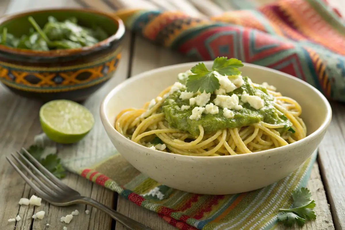 Mexican spaghetti with green poblano sauce and cilantro