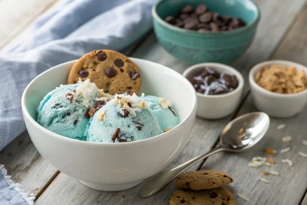 Vegan Cookie Monster ice cream in a bowl with gluten-free cookies