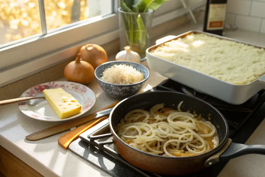 Step-by-step preparation French onion soup rice	