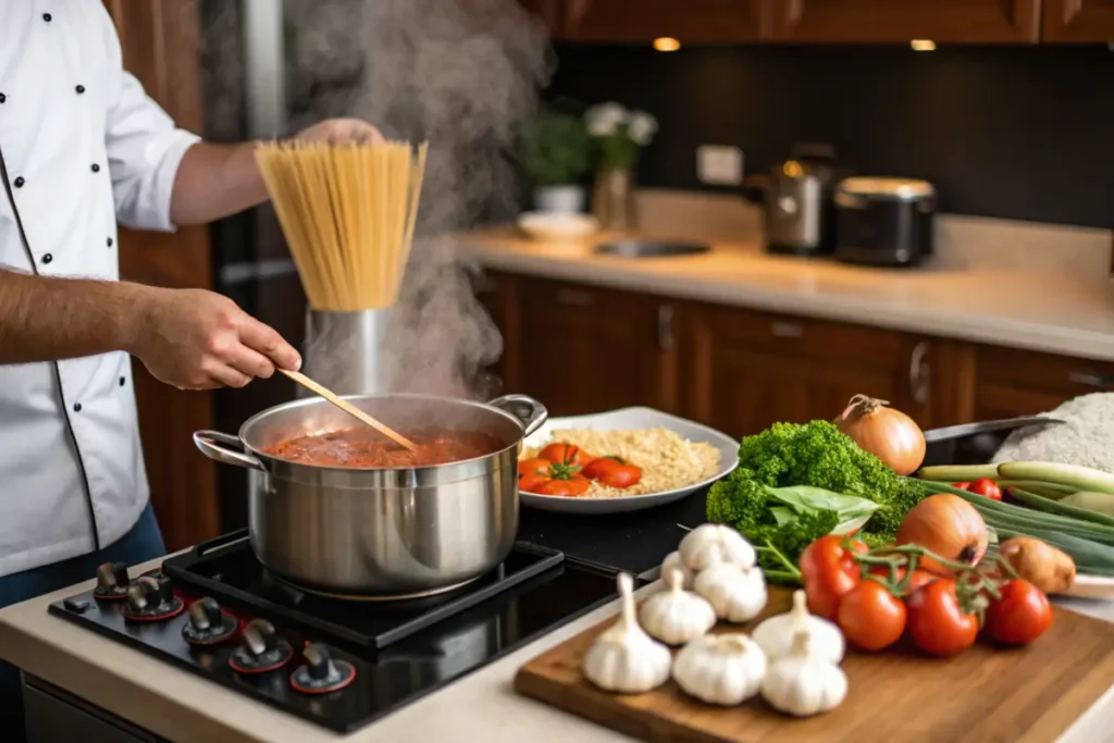 Chef stirring spaghetti sauce in a pot with fresh ingredients