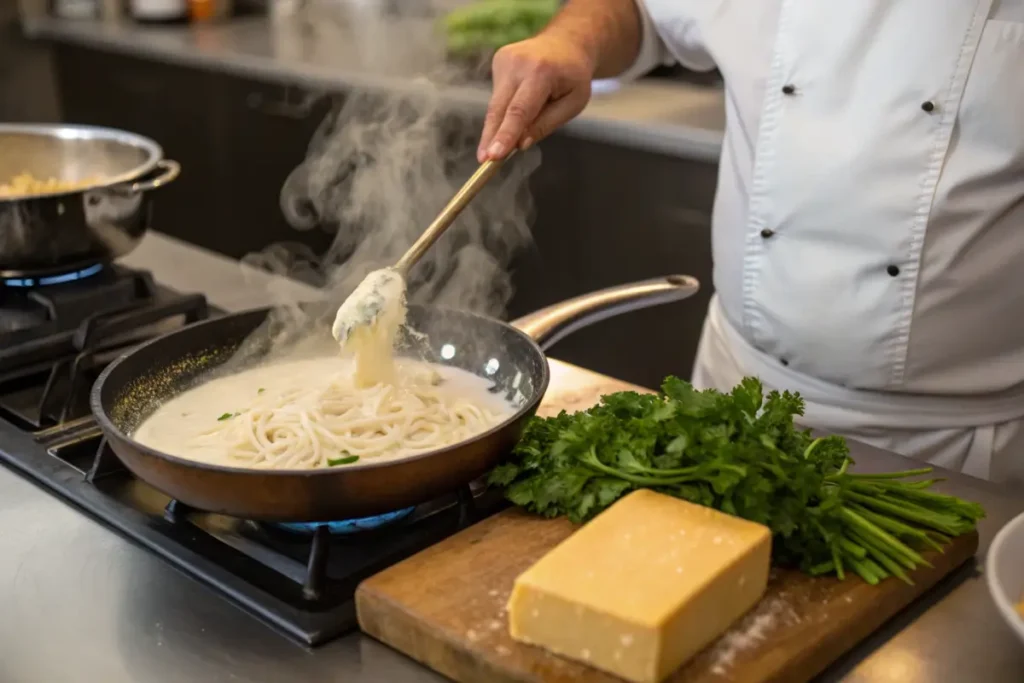 Chef stirring Alfredo sauce in a pan on the stovetop