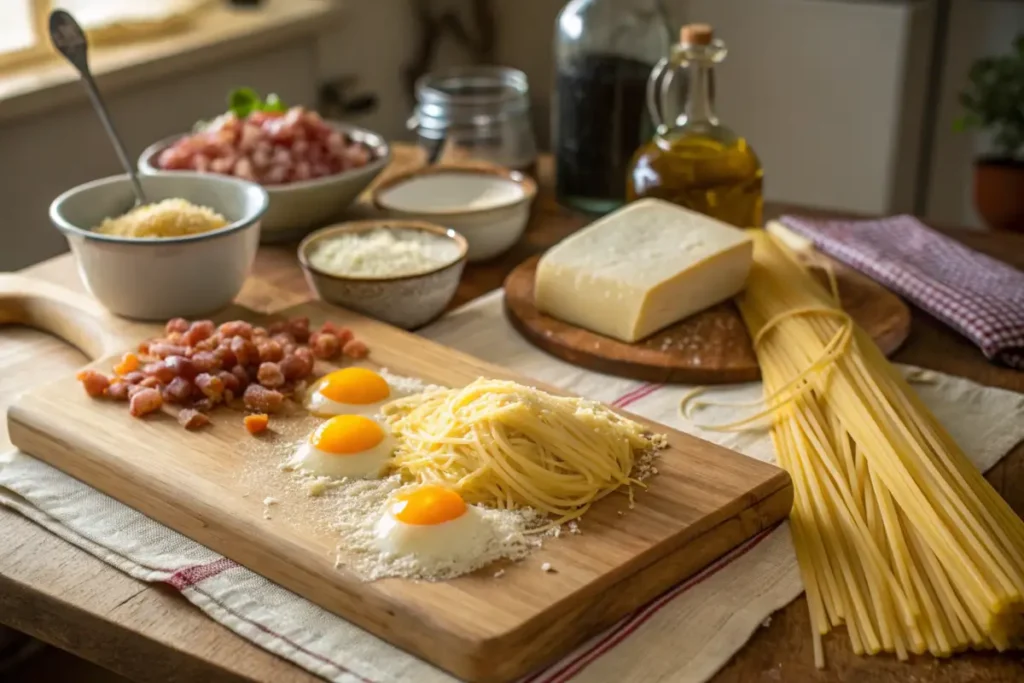 Classic Carbonara ingredients: spaghetti, egg yolks, guanciale, and Pecorino Romano