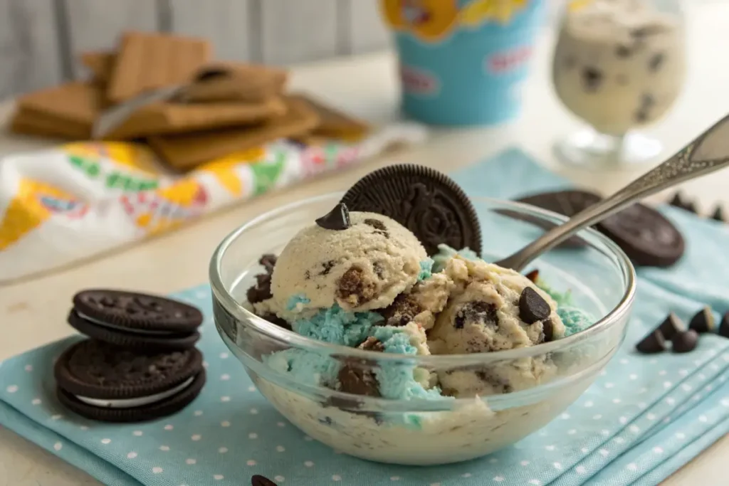 Bowl of Cookie Monster ice cream with visible cookie chunks