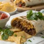 Close-up of a Beefy Melt Burrito with cheese and beef