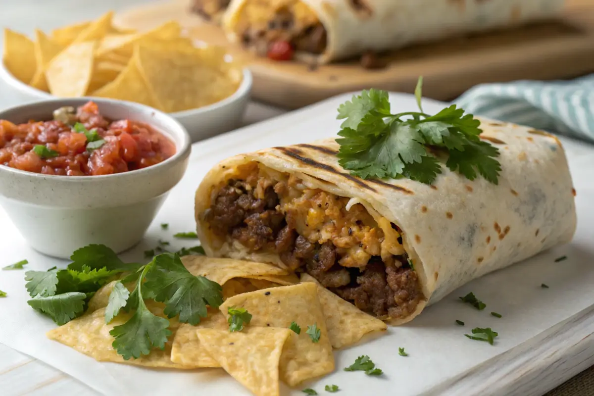 Close-up of a Beefy Melt Burrito with cheese and beef