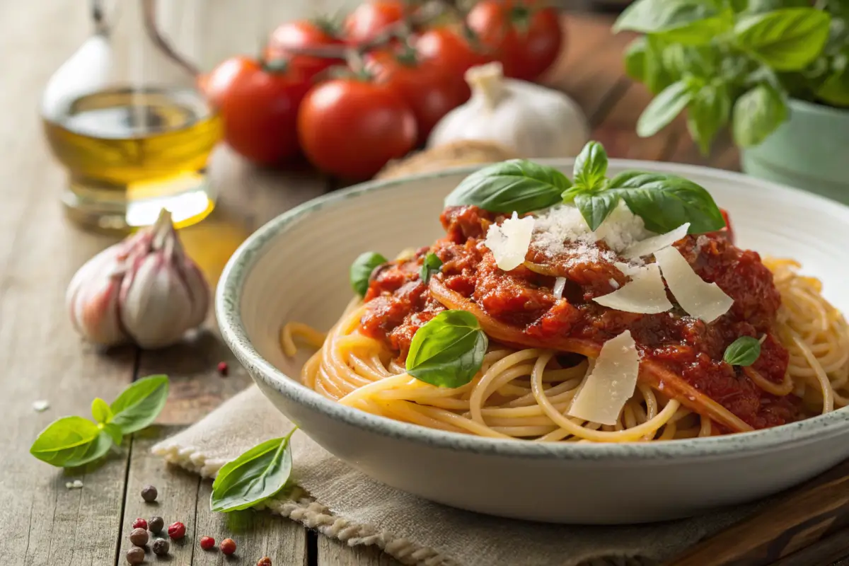 Rustic spaghetti with vibrant red sauce and fresh basil