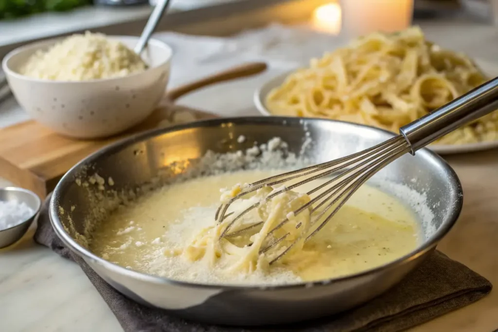 Preparing Alfredo sauce with Parmesan and cream