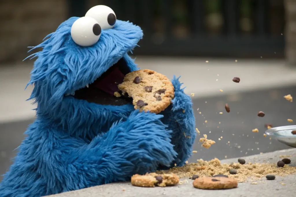 Cookie Monster eating a cookie close-up