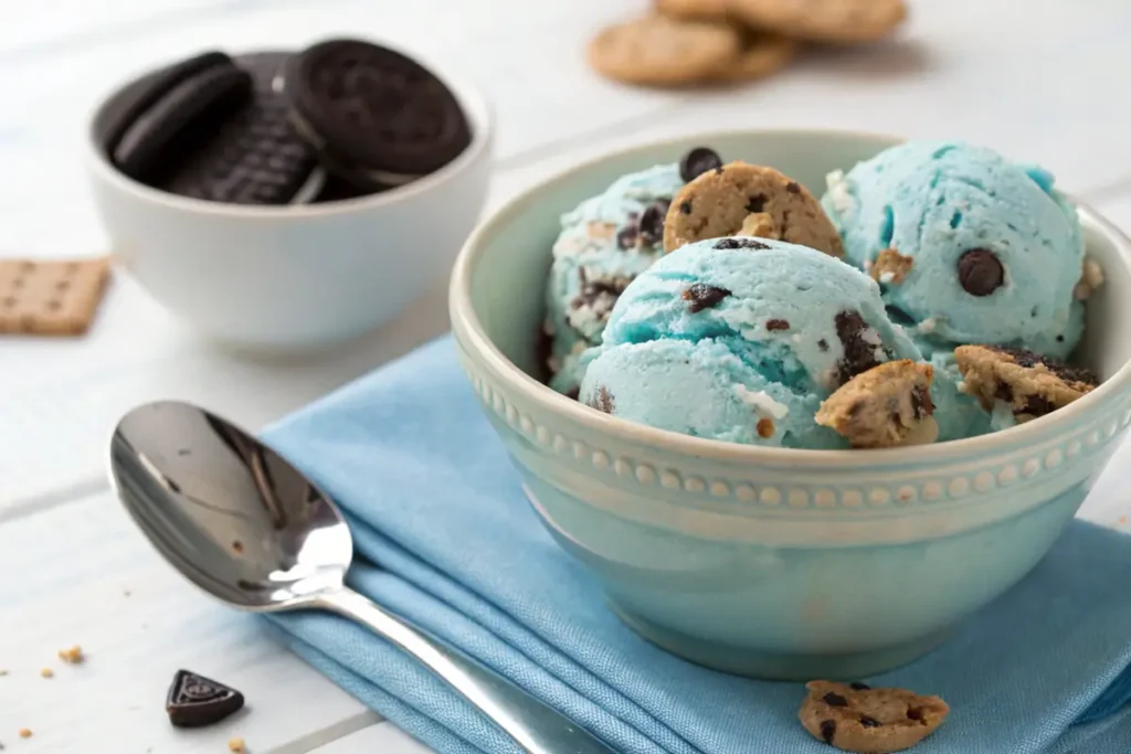 Cookie Monster Ice Cream with Oreos and chocolate chip cookie chunks in a bowl