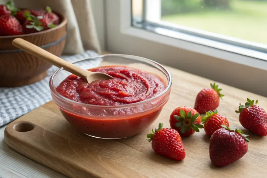 Fresh strawberry puree in a glass bowl with fresh strawberries