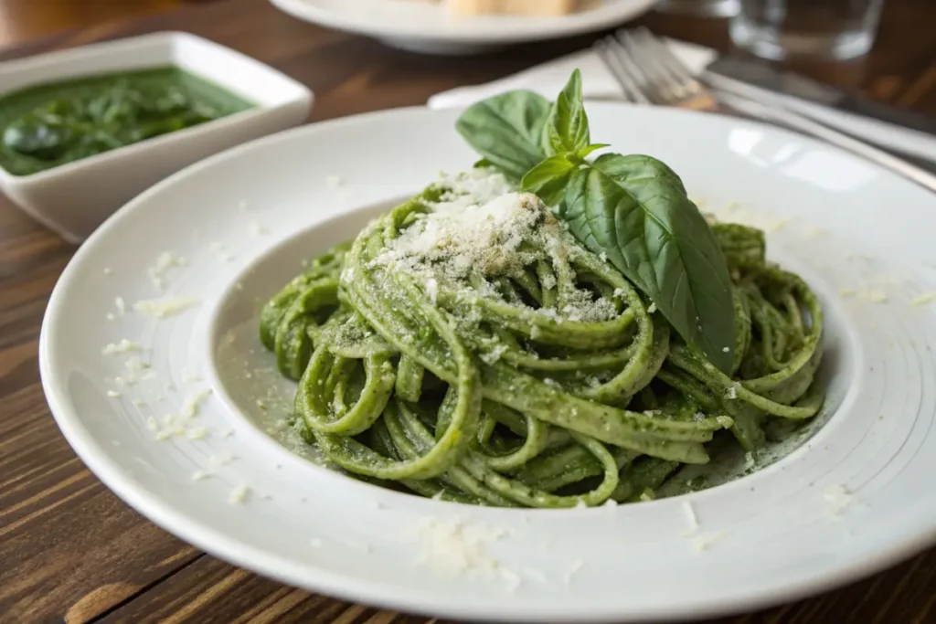 Close-up of green spinach pasta garnished with Parmesan and basil