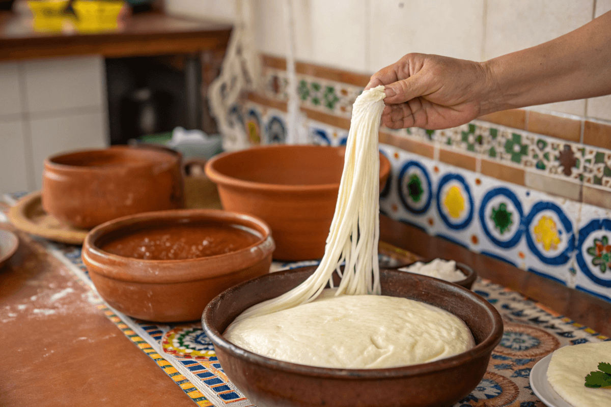 Mexican quesillo being stretched to show its stringy texture