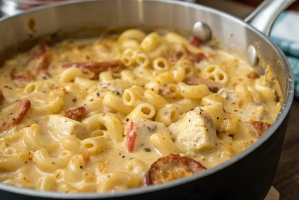 A close up of the Cajun mac and cheese during the cooking process in the saucepan, capturing the creamy cheese.
