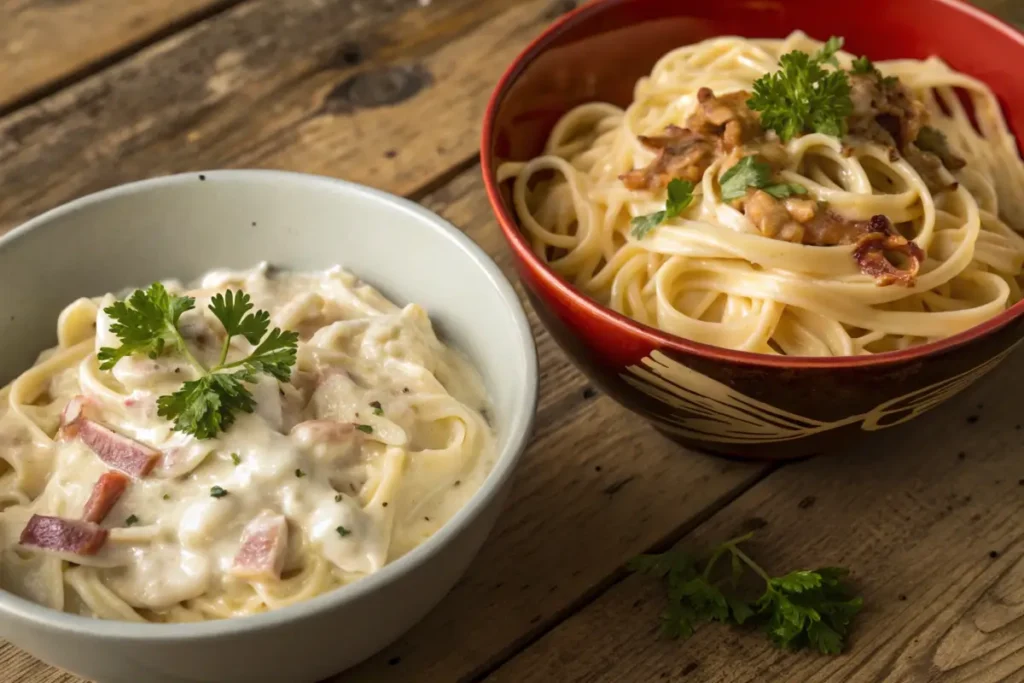 Side-by-side comparison of Alfredo and Carbonara pasta