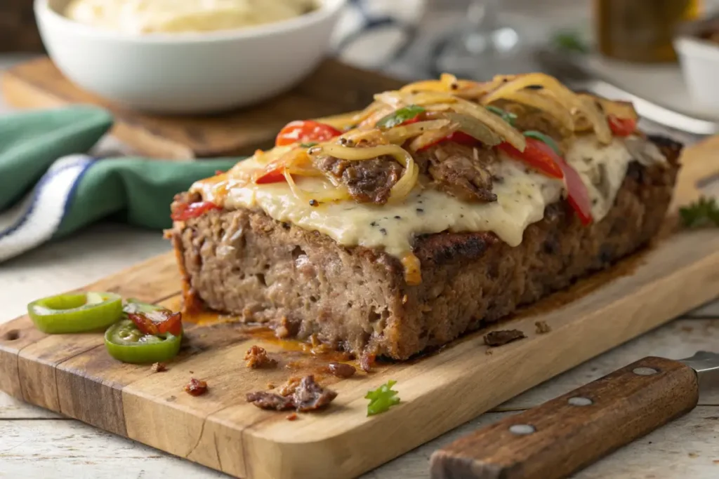 Philly cheesesteak meatloaf on a cutting board