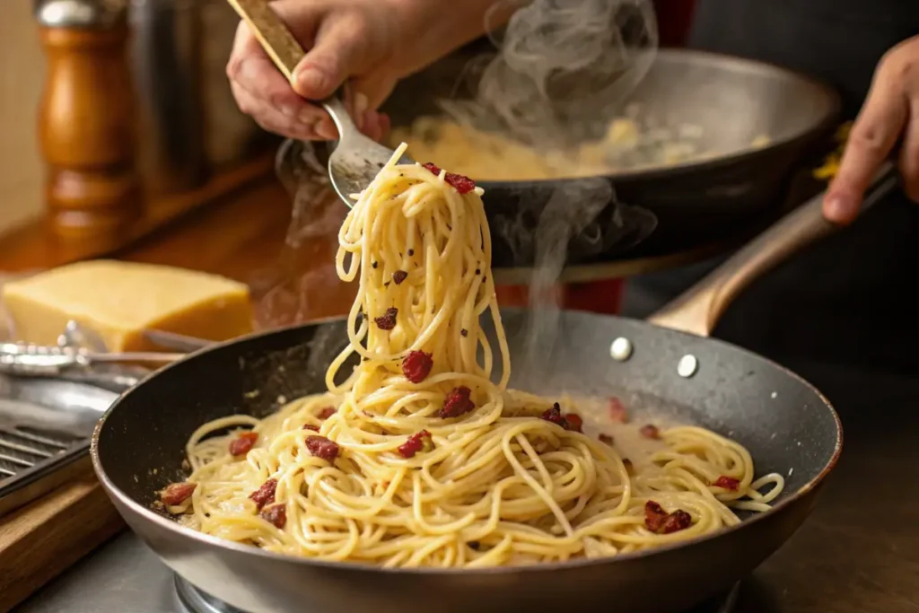 Tossing spaghetti with egg and cheese mixture in a pan