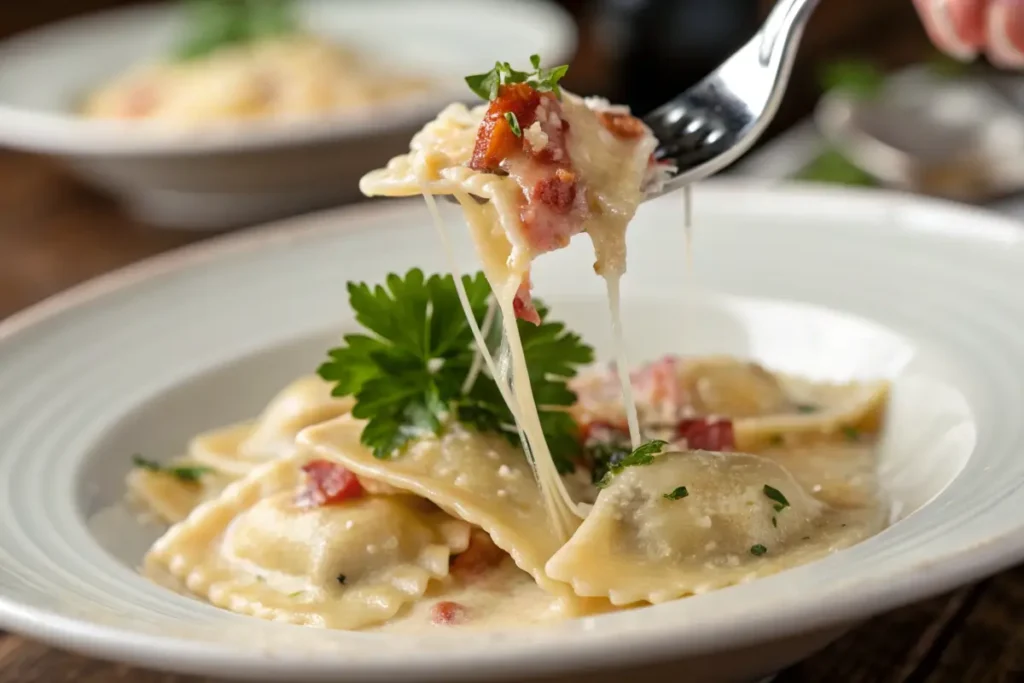 Close-up of a ravioli piece with dripping carbonara sauce