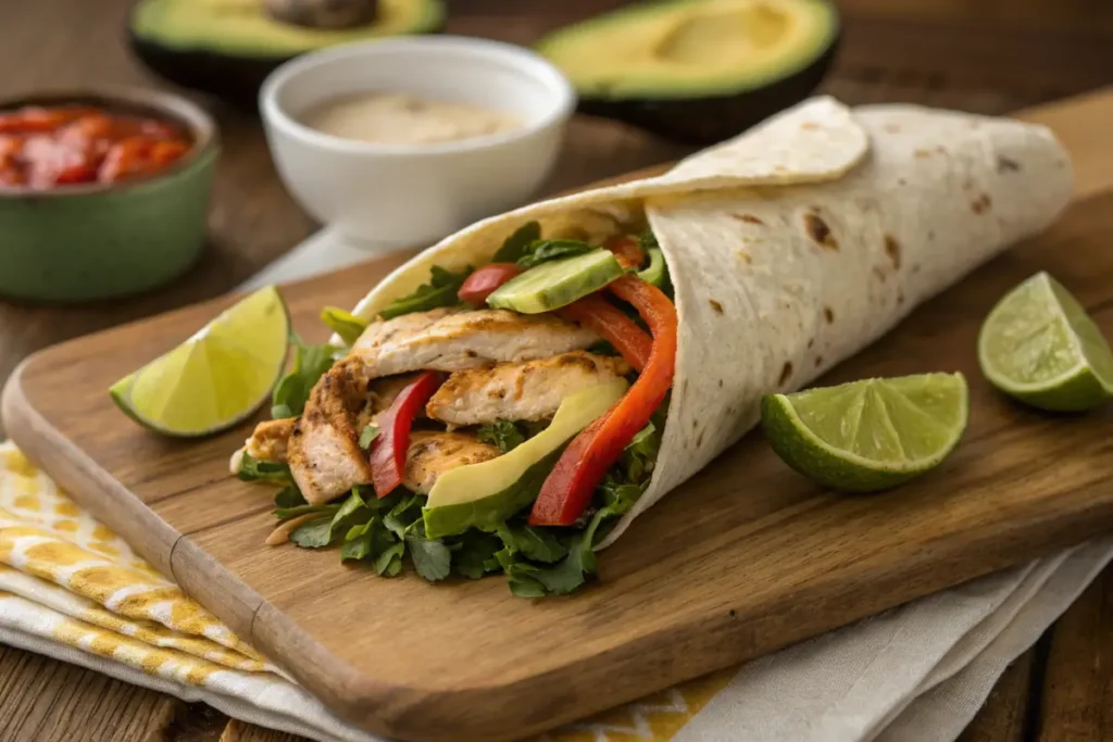 Southwest chicken salad wrap with greens and avocado