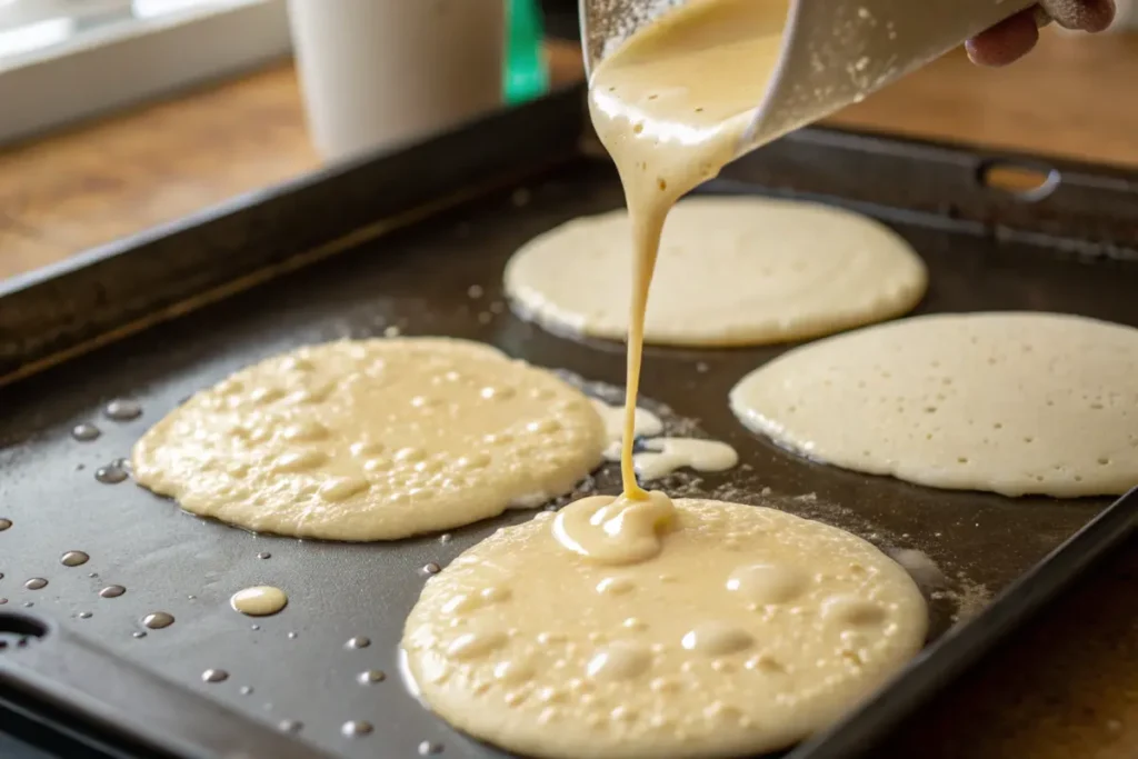 A perfectly flipped golden pancake on a pan