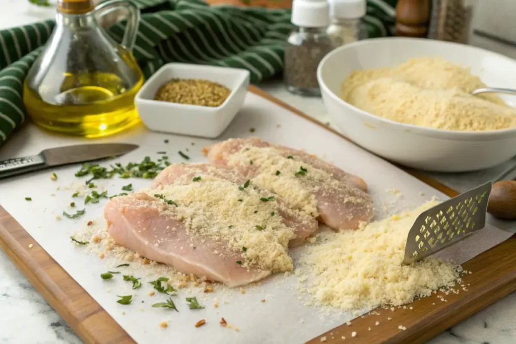 Breaded crispy chicken preparation on a countertop