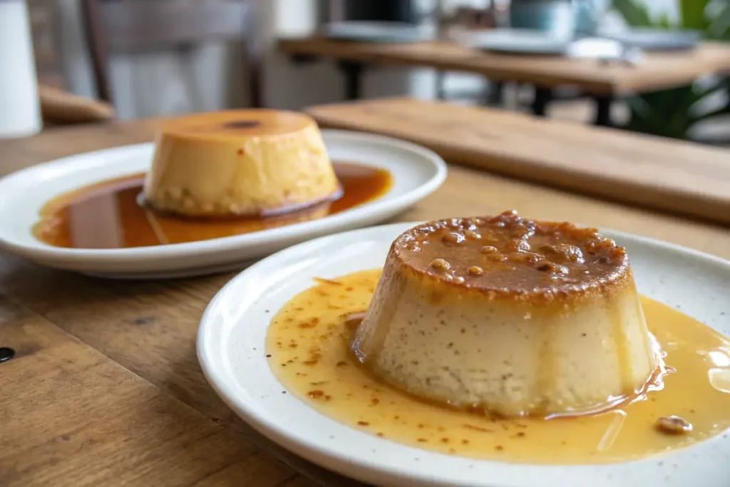 Flan and quesillo side by side showing their texture and caramel sauce