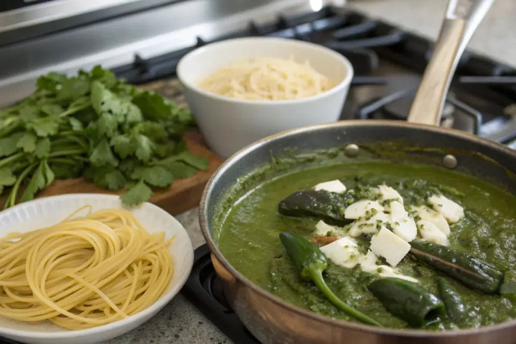 Roasted poblano peppers and ingredients for green spaghetti