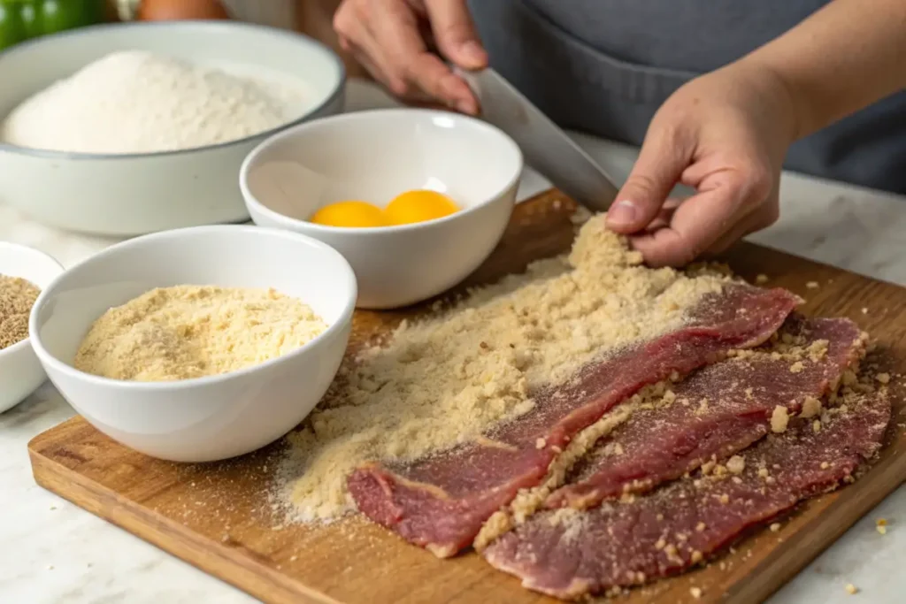 Breaded flank steak preparation with bowls of ingredients