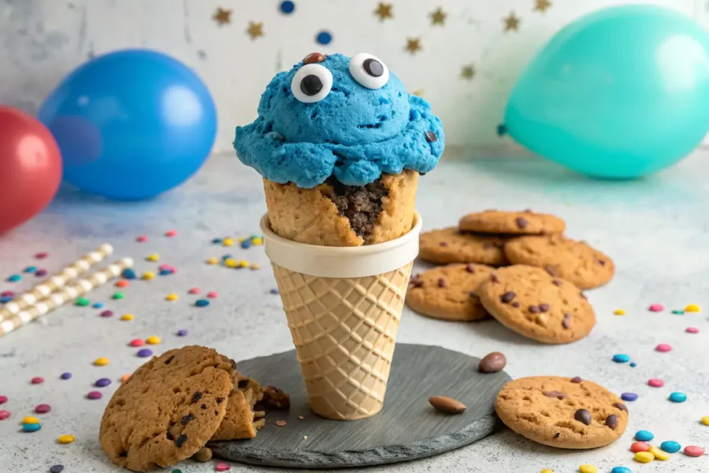 Creative Cookie Monster ice cream cone with candy eyes and cookies